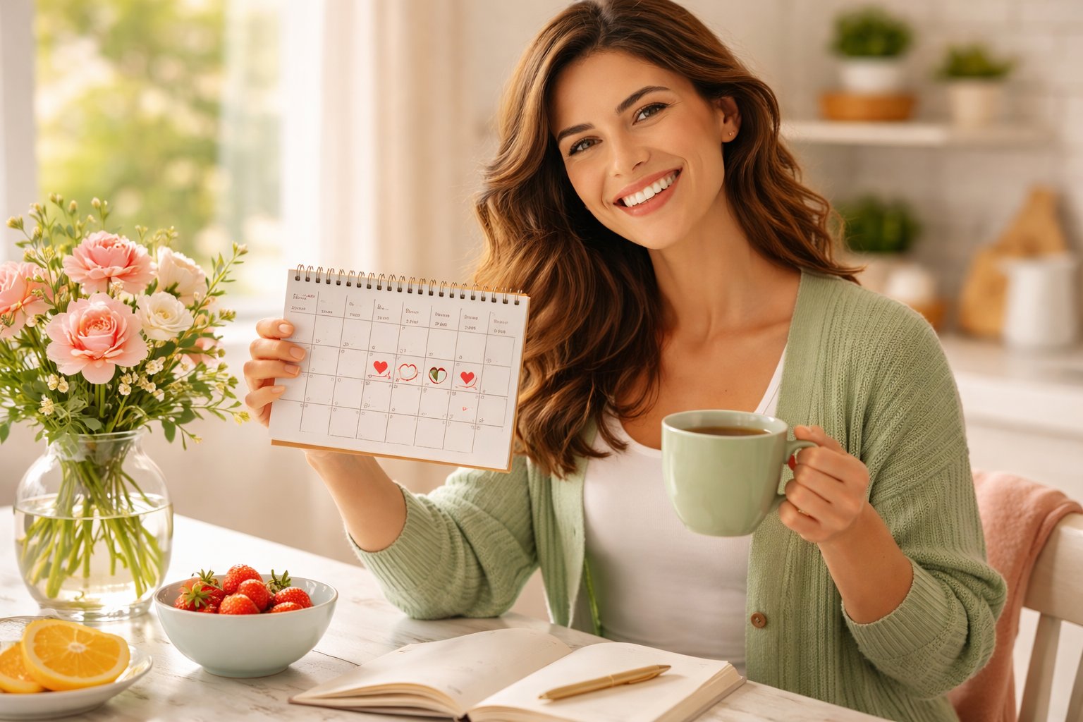 A smiling woman holding a cycle tracking calendar marked with her fertile window